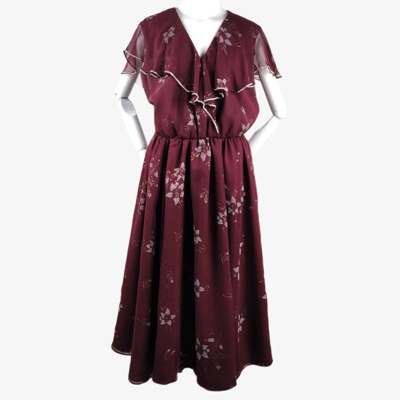 Vintage 1970s Romantic Sheer Ruffle Dress Burgundy Floral Rhinestone Trim Disco - Picture 2 of 12